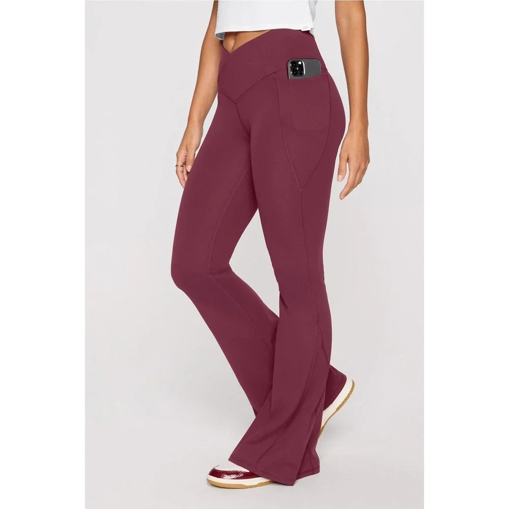 Fabletics Flare PureLuxe Pants Everyday Crossover Medium Burgundy Yoga Pockets